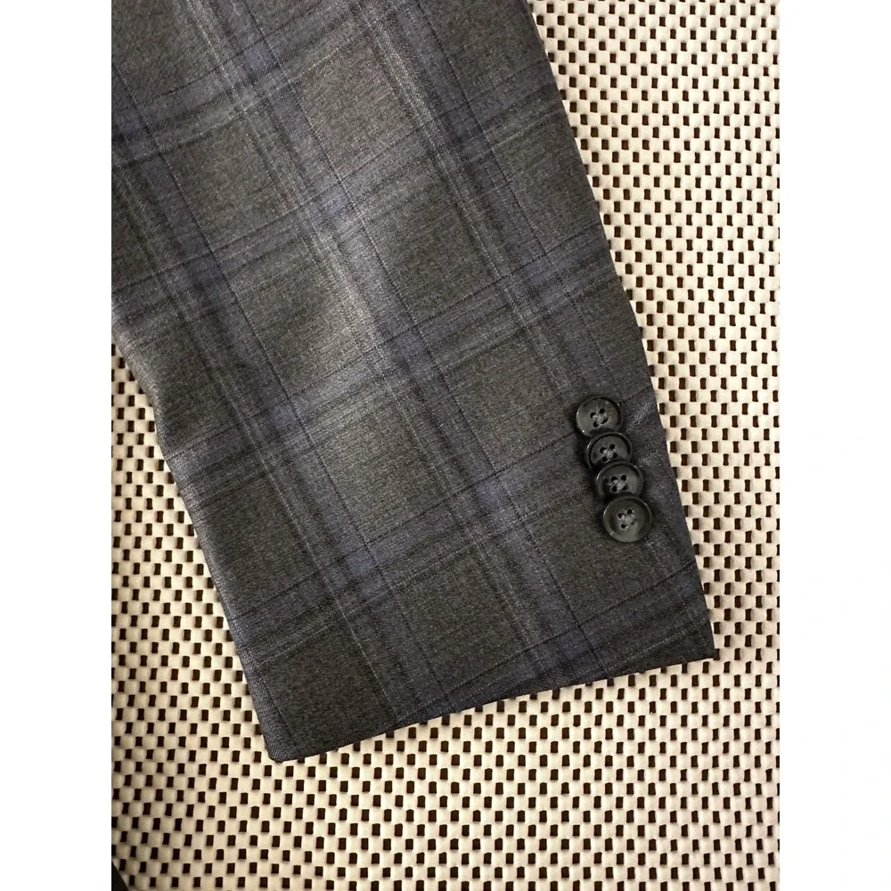Peter Millar Sport Coat Blazer 48R 2 Button Double Vented Grey Blue Tartan Plaid